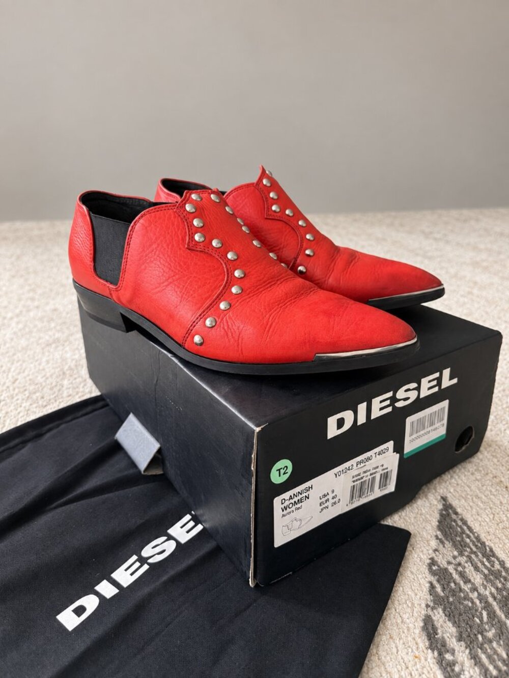Diesel D-Annish Red Leather Studded Western Ankle Boots US 9 EU 40